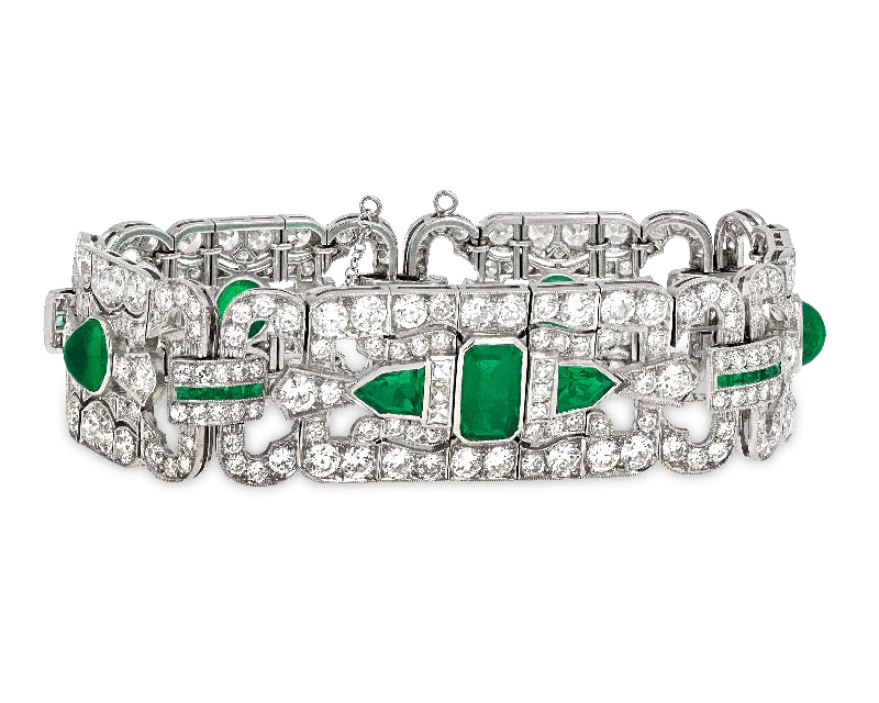 Customizable Gold Bracelets-Art Deco Emerald and Diamond Bracelet