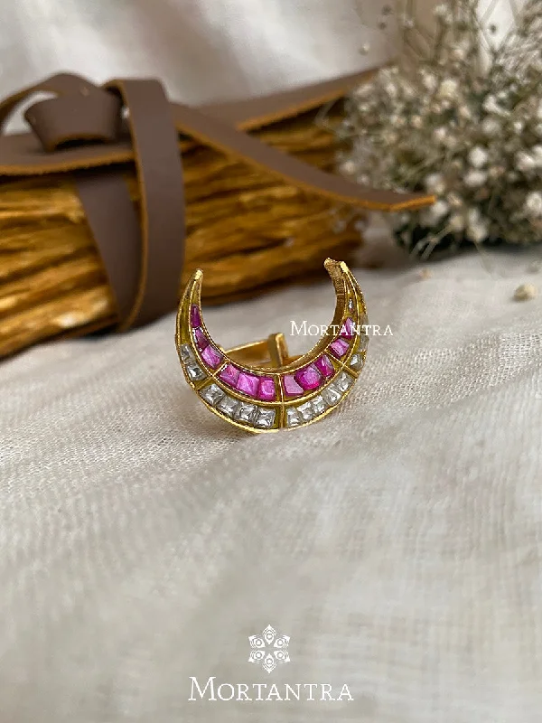 Handmade Engagement Rings-Pink Color Gold Plated Thappa Jadau Kundan Ring - TJ-R43WP