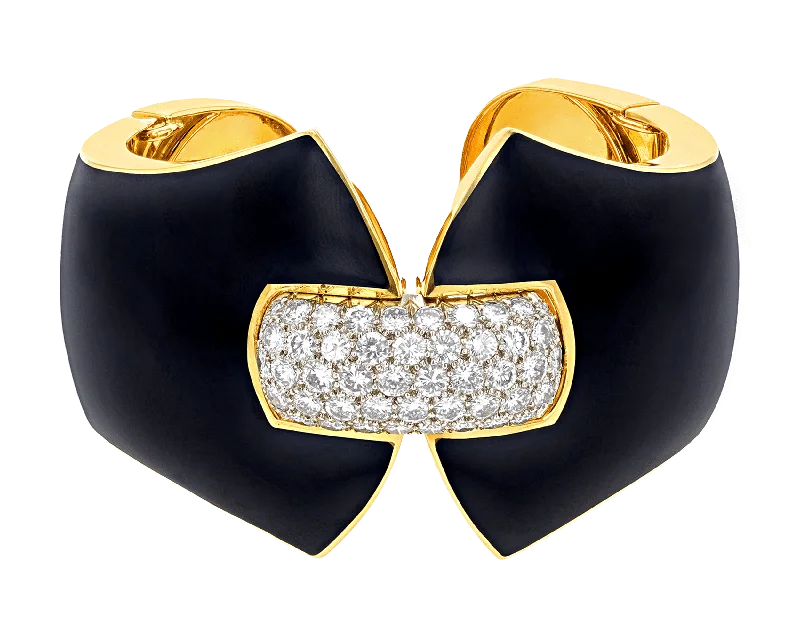 Designer Gold Bracelets-David Webb Princess Lilian Black Enamel and Diamond Cuff Bracelet