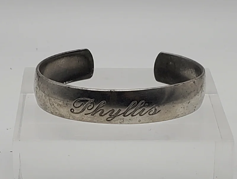 Elegant Leather Bracelets-Vintage Raymond Pewter Monogrammed Cuff Bracelet "Phyllis"