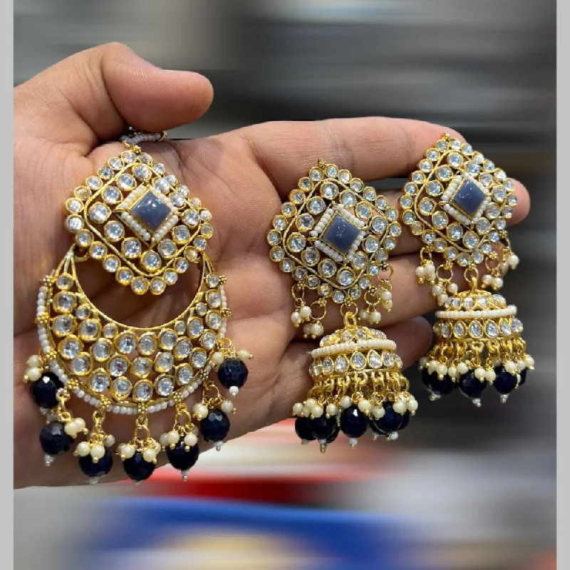 Designer Crystal Earrings-Hira Collections Gold Plated Kundan Stone And Beads Jhumki With Maangtikka