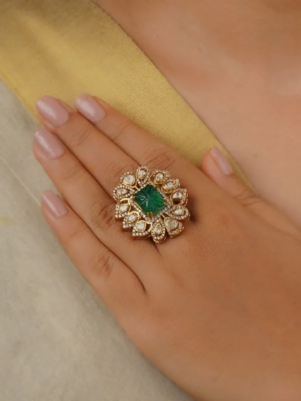 Simple Gemstone Rings-Green Color Gold Plated Faux Polki Ring - PK-R9GR