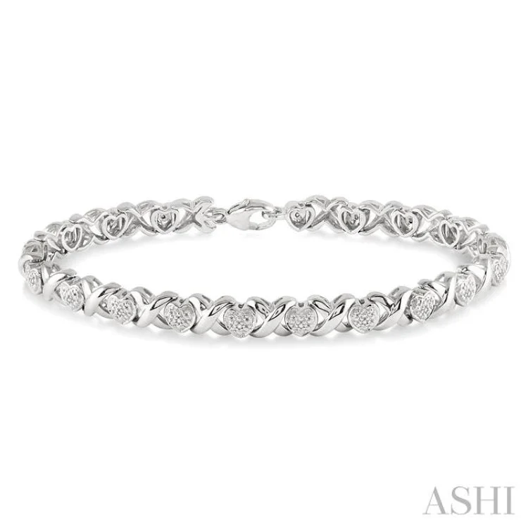 Beaded Cuff Bracelets-1/10 Ctw 'X' and Heart Shape Single Cut Diamond Bracelet in Sterling Silver