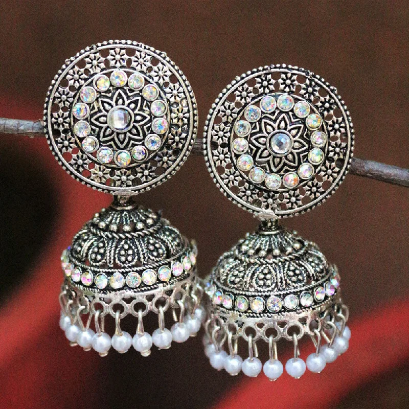 Cheap Fashion Earrings-H K Fashion Oxidised Plated Austrian Stone And Pearls Jhumki Earrings