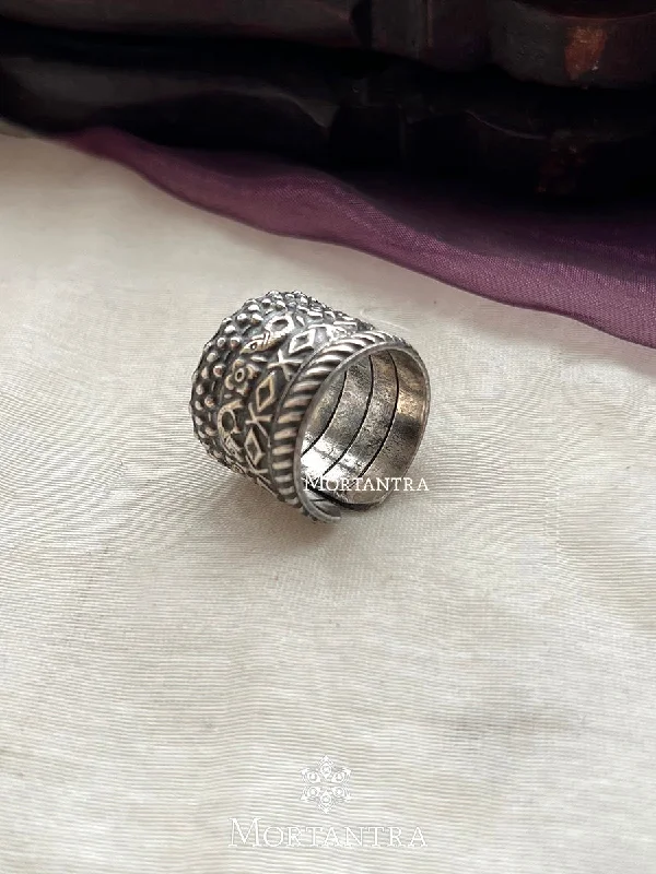 Large Cocktail Rings-Grey Color 925 Silver Tribal Ring - EK-SFRNG80SL925