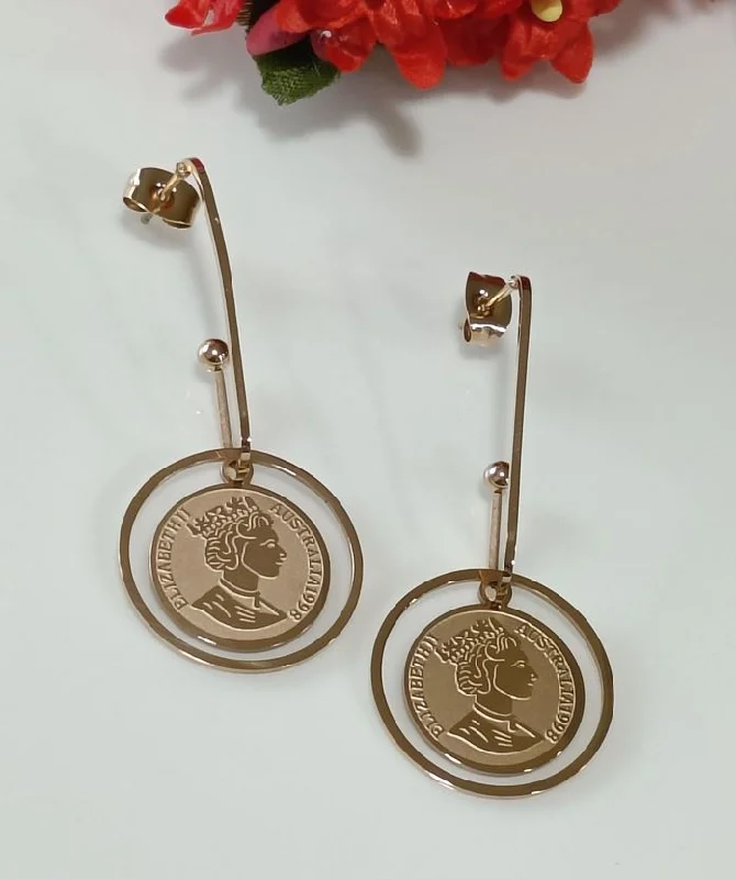 Colorful Statement Earrings-Tarohi Jewels Stainless Steel Gold/Rosegold Plated Queen Elizabeth Portrait Coin Drop Hanging Earring- STNER 2590