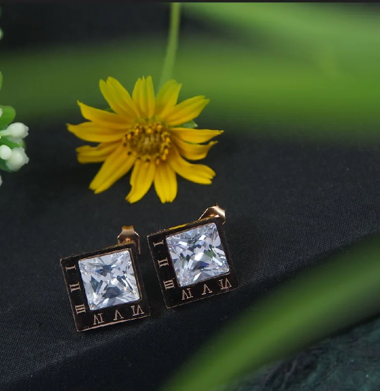 18k Gold Earrings-Tarohi JewelsStainless Steel Rosegold Plated Square Shaped Roman Numerals Stud Earring-STNER 2849