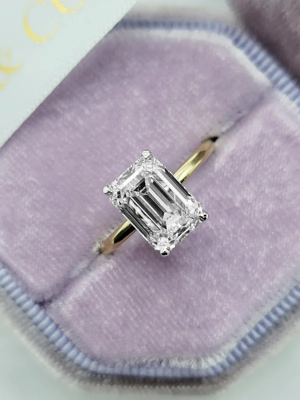 Simple Gold Rings for Women-3.18 Carats Lab Grown Emerald Cut Two Tone Solitaire Hidden Halo Diamond Engagement Ring