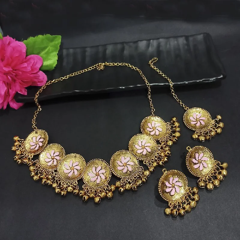 Fashionable Boho Necklaces-Kriaa Gold Plated Light Pink Meenakari Necklace Set With Maang Tikka - 1116020I