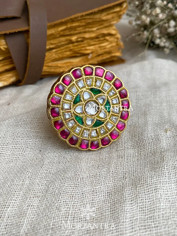 Personalized Engagement Rings-Multicolor Gold Plated Thappa Jadau Kundan Ring - TJ-R24M