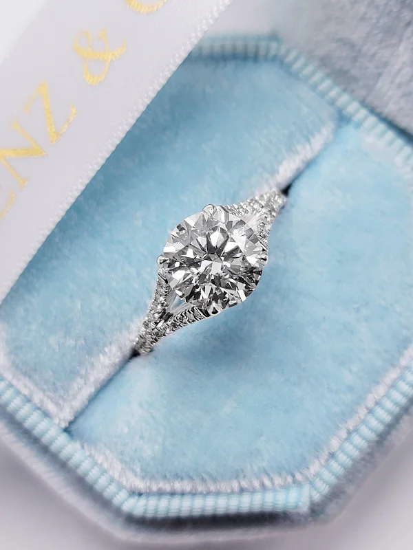 Simple Diamond Rings-2.40 Carats Lab Grown Round Brilliant Cut Micropave Side Stones Split Shank Diamond Engagement Ring