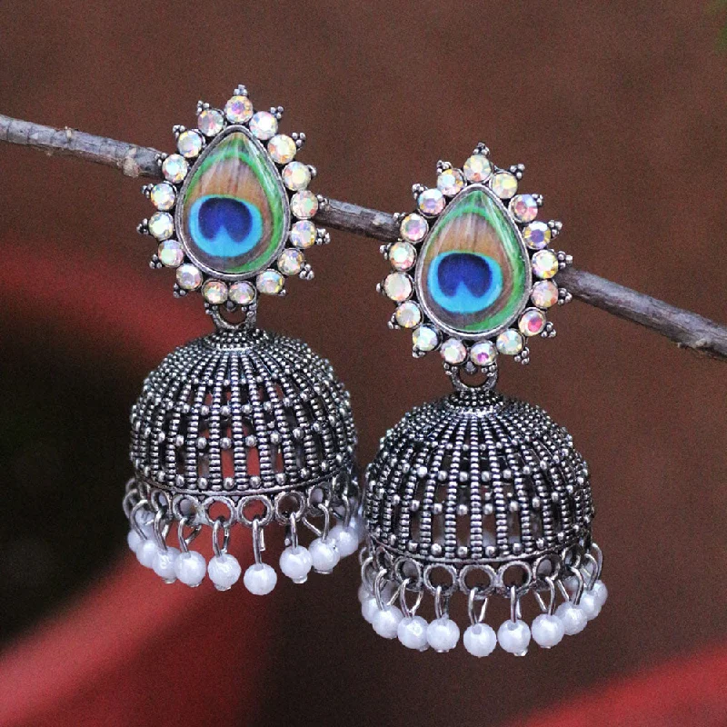 Crystal Drop Earrings-H K Fashion Oxidised Plated Austrian Stone And Pearls Jhumki Earrings