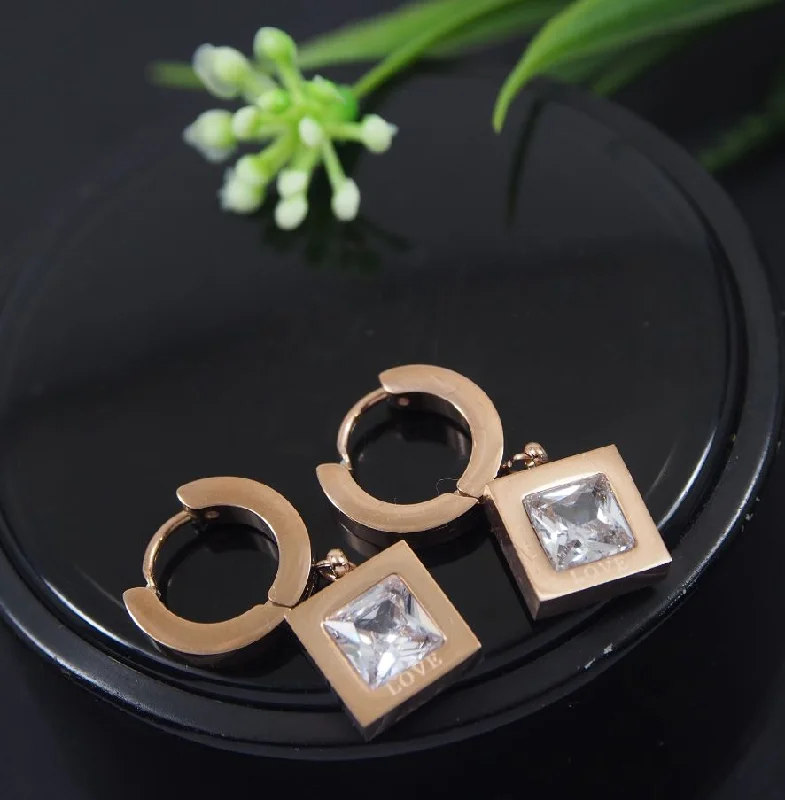 Cute Butterfly Earrings-Tarohi JewelsStainless Steel Rosegold Plated Square Shaped Hoops Earring- STNER 4052