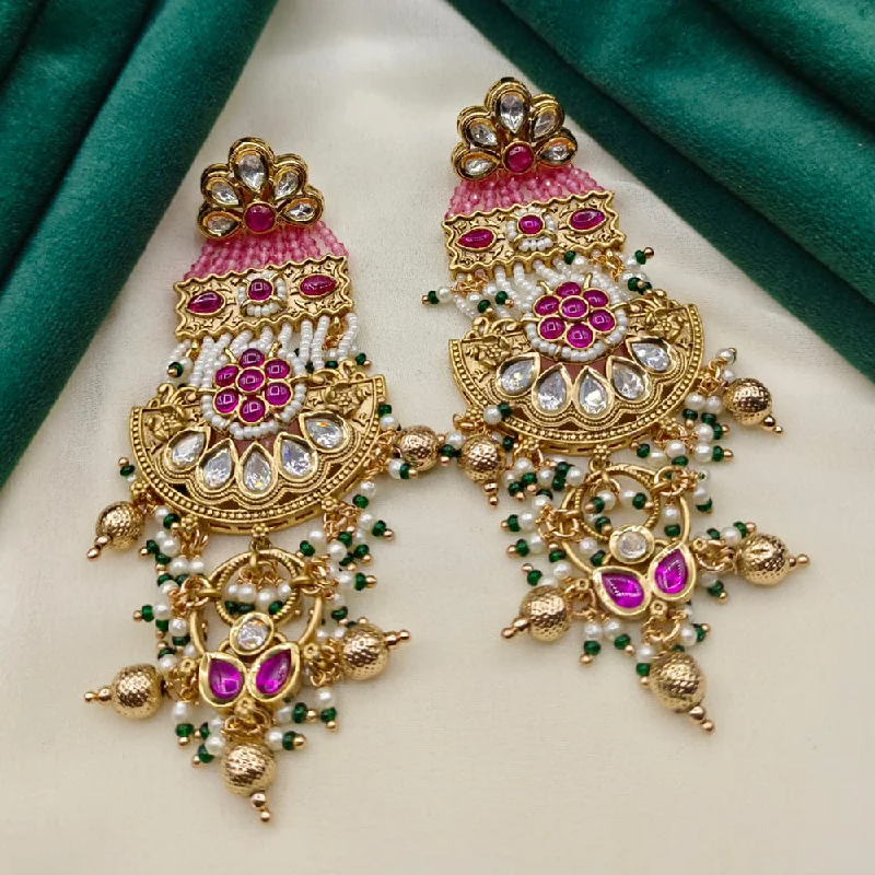 Party Earrings for Women-Royal Kundan Jewellery Gold Plated Kundan Stone And Pearls Dangler Earrings