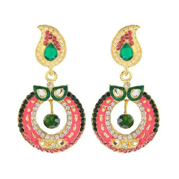 Gold Hoop Earrings for Brides-Kriaa Pink And Green Meenakari Gold Plated Dangler Earrings - 1304613