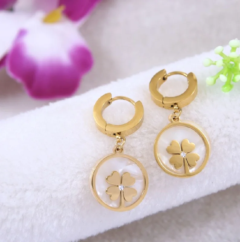 Chunky Gold Earrings-Tarohi Jewels Stainless Steel Gold Plated White Shell Clover Hoops Earring- STNER 4121