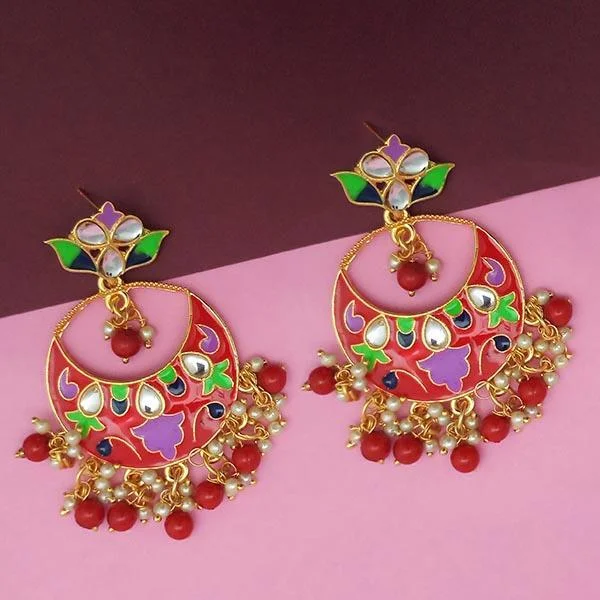 Statement Earrings for Teens-Kriaa Red Meenakari And Beads Kundan Dangler Earrings - 1314216D