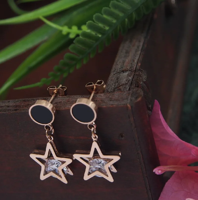 Bohemian Style Earrings-Tarohi JewelsStainless Steel Rosegold Plated Star Shaped CZ Drop Earring-STNER 2816