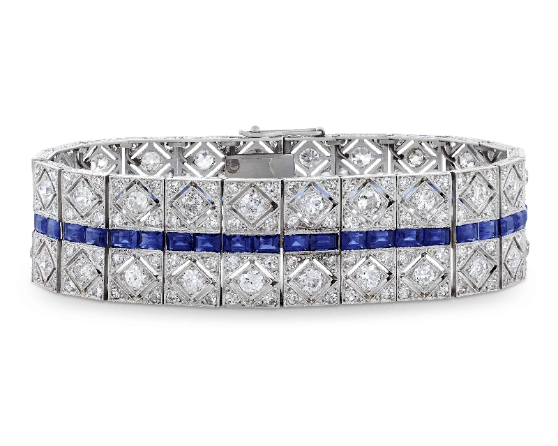 Bohemian Style Bracelets-Art Deco Diamond and Sapphire Bracelet