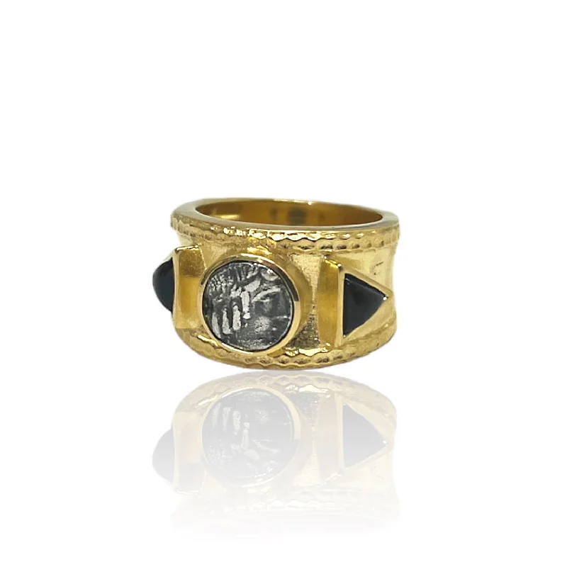 Silver Stackable Rings-GOLD BAND COIN & ONYX TRE RING