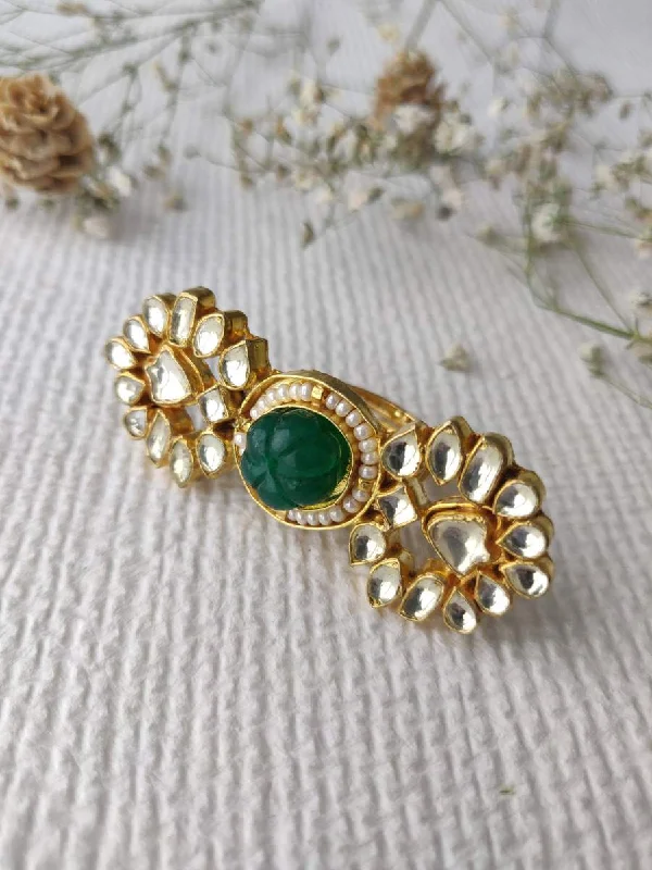 Vintage Gold Rings-Green Color Gold Plated Jadau Kundan Ring - MRNG90YGR