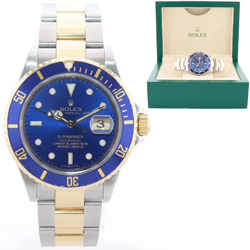 Elegant Smart Watches for Women-2008 GOLD BUCKLE Rolex Submariner 16613 Gold Steel Blue Watch Box Rehaut Model