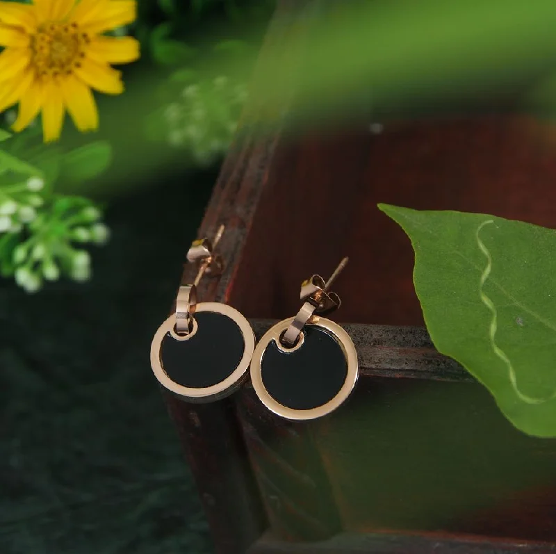 Eco-Conscious Earrings-Tarohi Jewels Stainless Steel Rosegold Plated Black Disc Drop Earring-STNER 2871