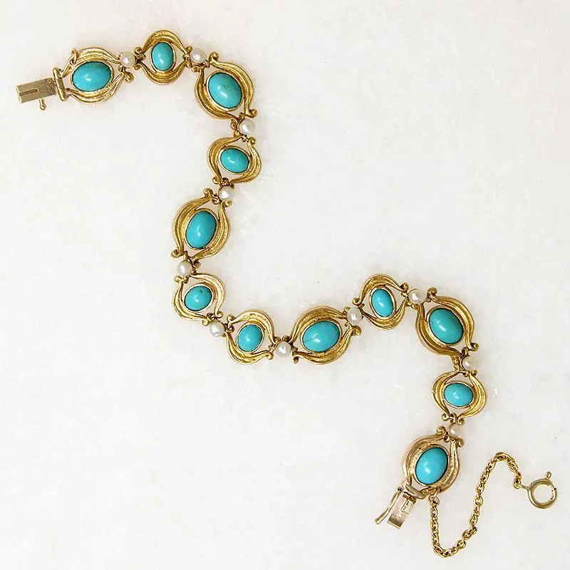 Multi-Stone Bracelets for Women-Turquoise & Pearl Art Nouveau Bracelet in Engraved Gold