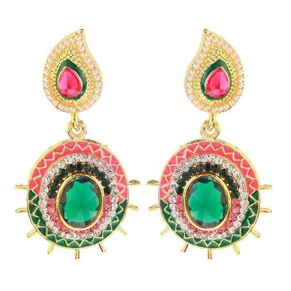 Oval Gemstone Earrings-Kriaa Gold Plated Pink And Green Meenakari Austrian Stone Dangler Earrings - 1304601