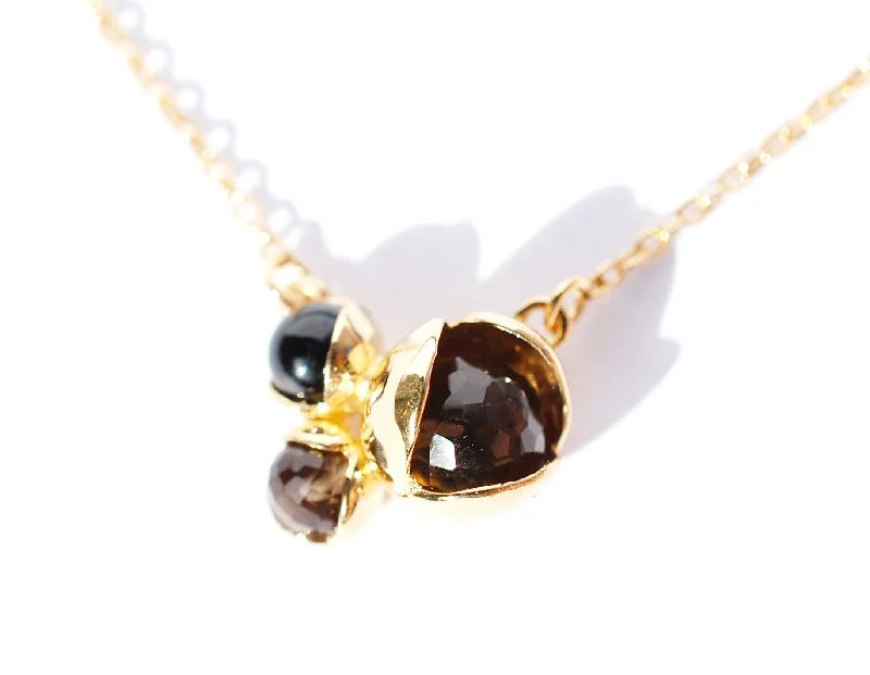 Artistic Necklaces for Women-Bud Floret Triple Necklace Smokey Quartz & Black Onyx