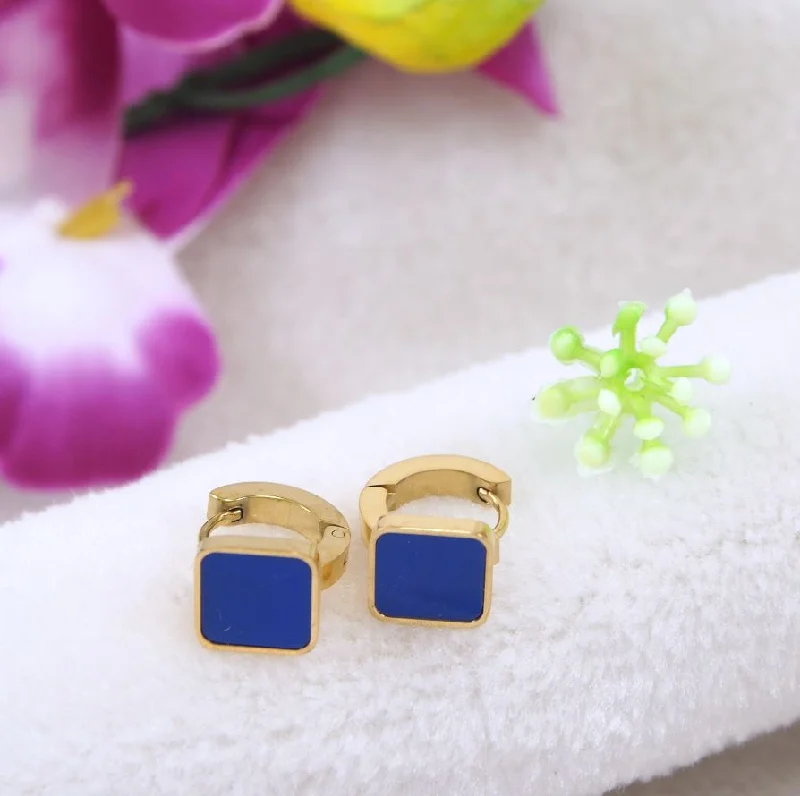 18k Gold Earrings-Tarohi Jewels Stainless Steel Gold Plated Square Shaped Blue Coloured Hoops Earring- STNER 4056