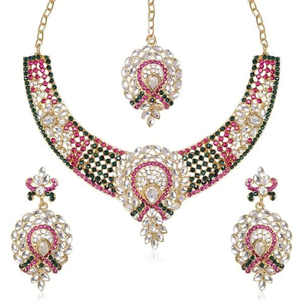 Fashionable Boho Necklaces-Kriaa Green & Pink Austrian Stone Gold Plated Necklace Set With Maang Tikka