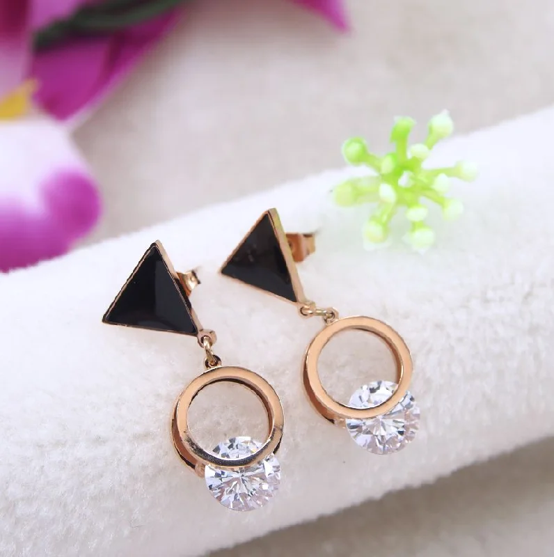 Gemstone Dangle Earrings-Tarohi JewelsStainless Steel Rosegold Plated Round Cubic Zicron Drop Earring- STNER 4039