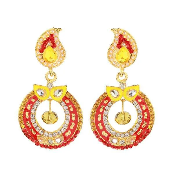 Handcrafted Hoop Earrings-Kriaa Red Meenakari Kundan Gold Plated Dangler Earrings - 1304612