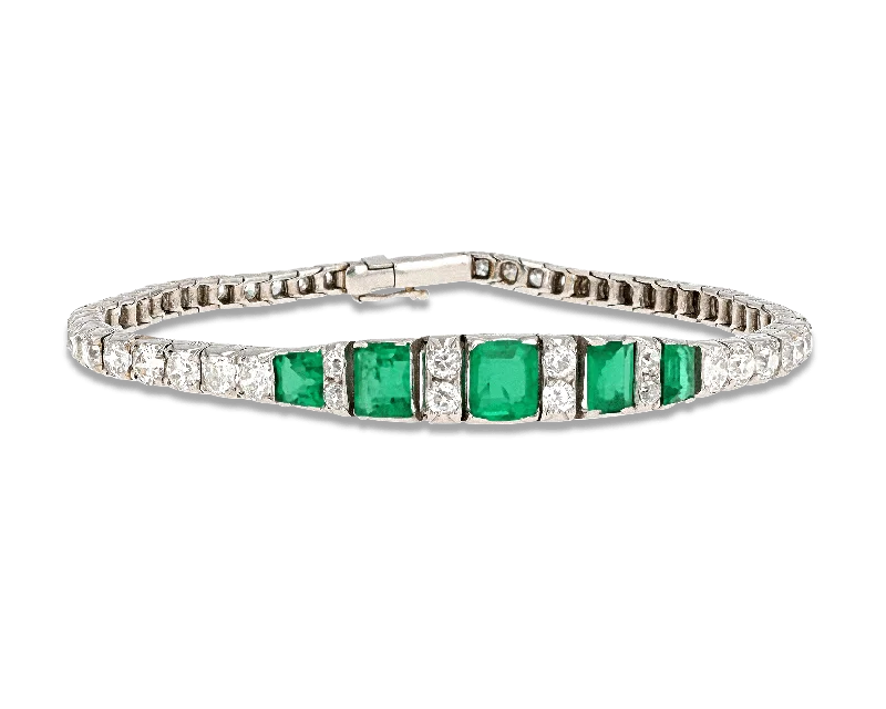 Unique Gemstone Bracelets-Art Deco Diamond and Emerald Bracelet