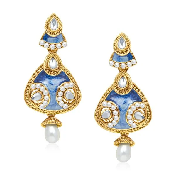 Gemstone Dangle Earrings-Kriaa Kundan Blue Gold Plated Dangler Earrings - 1304526