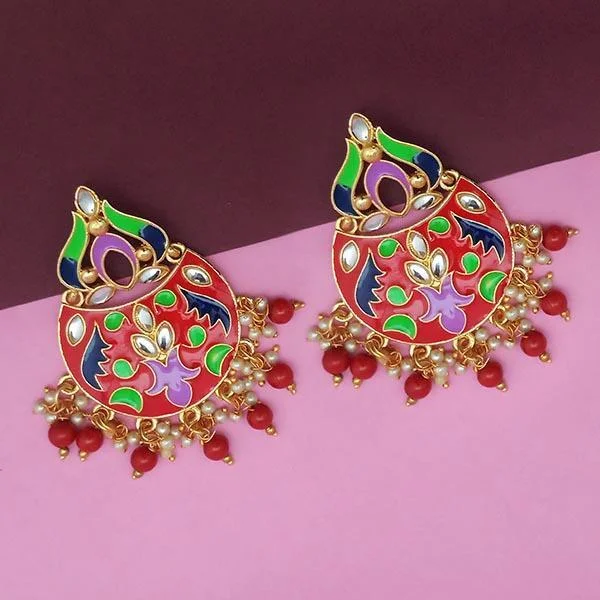 Gemstone Stud Earrings-Kriaa Red Meenakari And Beads Kundan Dangler Earrings - 1314215D