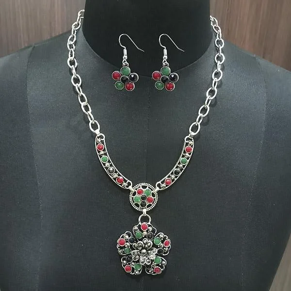 Double Layer Necklaces-Urthn Pota Stone Floral Design Statement Neckalce Set