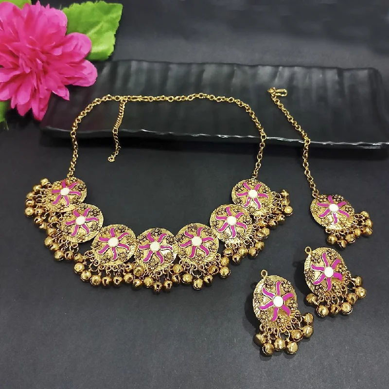 Stylish Pearl Necklaces-Kriaa Gold Plated Pink Meenakari Necklace Set With Maang Tikka - 1116023C