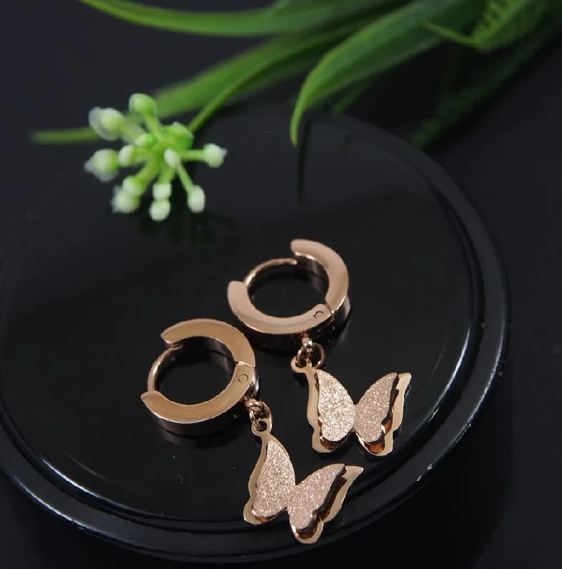 Bohemian Style Earrings-Tarohi Jewels Stainless Steel Rosegold Plated Butterfly Hoops Earring- STNER 4046