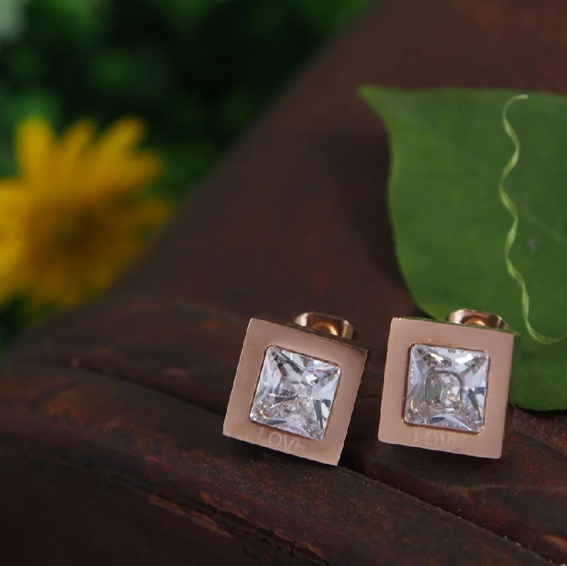 Luxury Earrings for Brides-Tarohi Jewels Stainless Steel Rosegold Plated Square CZ Stud Earring-STNER 2825