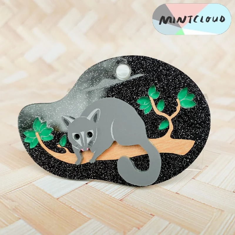 Elegant Jewel-Encrusted Brooch-Mintcloud Grey Possum Twilight Brooch*