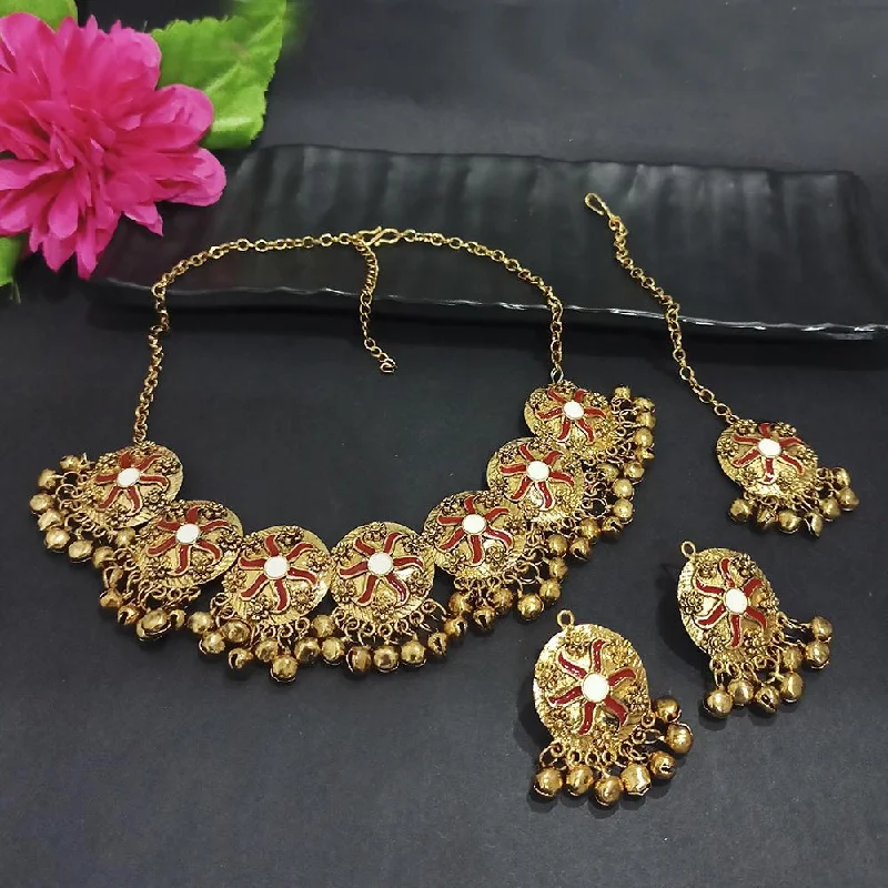 Unique Layered Necklaces-Kriaa Gold Plated Red Meenakari Necklace Set With Maang Tikka - 1116023A