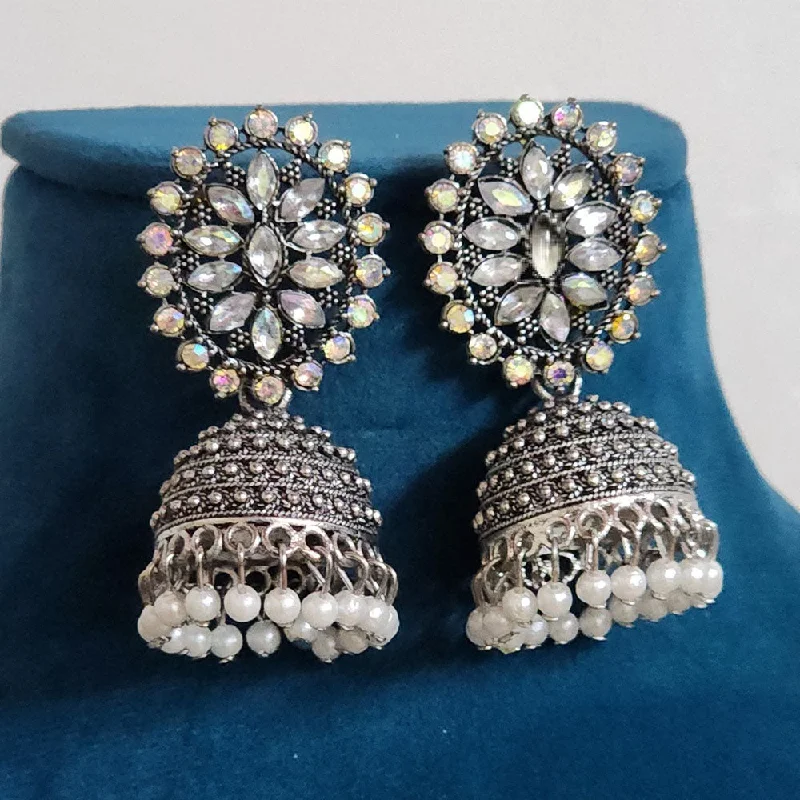 Handcrafted Silver Earrings-H K Fashion Oxidised Plated Crystal  Stone And Pearls Jhumki Earrings