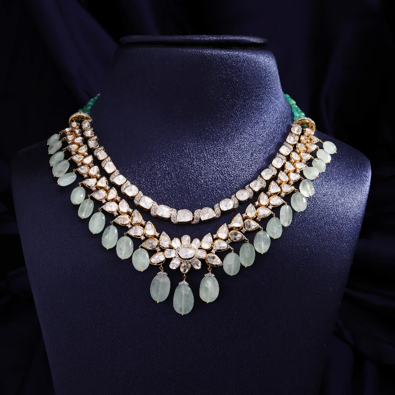 Rose Quartz Necklaces-Jeena Polki And Diamond Necklace