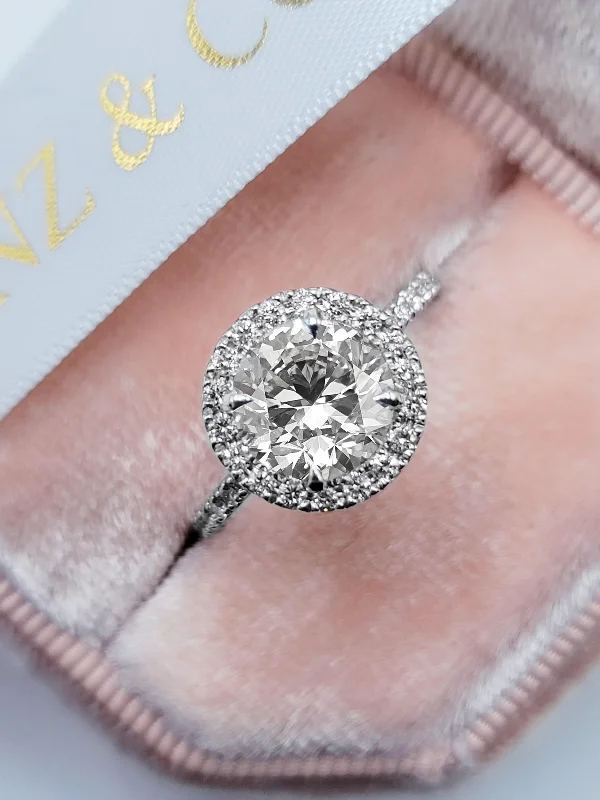 Dainty Gold Rings-2.60 Carats Lab Grown Round Brilliant Cut Micropaved Halo Side Stones Diamond Engagement Ring