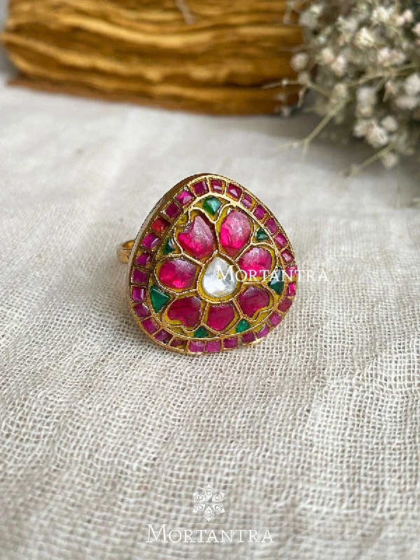 Vintage Wedding Rings-Multicolor Gold Plated Thappa Jadau Kundan Ring - TJ-R11M