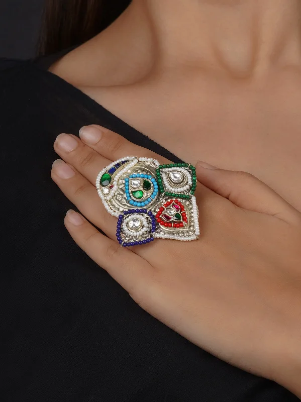 Classic Silver Rings-Multicolor Silver Plated Tribal Ring - EK-SFRNG156MB