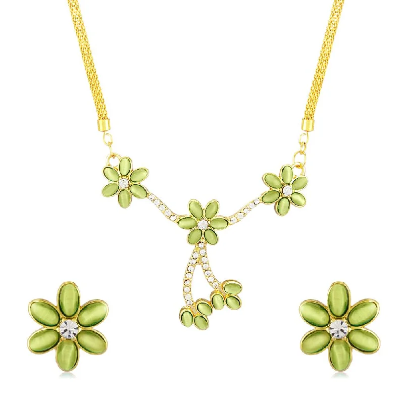 Large Statement Necklaces-Mahi Monalisa Cats Eye Light Green Flower Gold Plated Necklace Set for Women