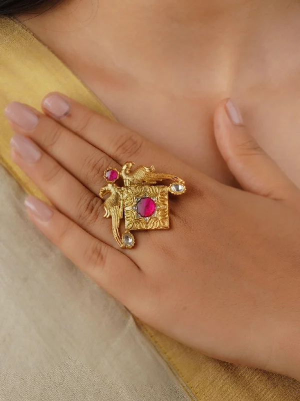 Stylish Wedding Rings for Brides-Pink Color Gold Plated Thappa Jadau Kundan Ring - TJ-R62WP